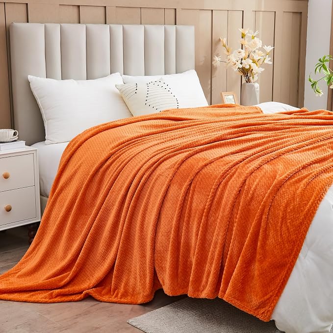 NEWCOSPLAY Fleece Leaves Pattern Twin Blanket, Orange, 60"x80" | Super Soft Throw Blanket, Lightweight Cozy Bed Sofa Blanket, Premium Silky Flannel Fleece, Travel Blanket for All Season Use