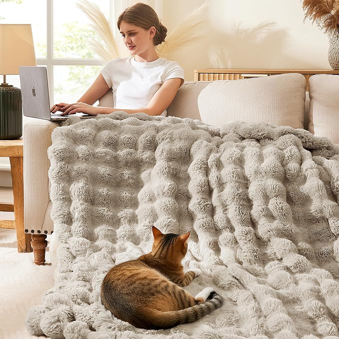 L'AGRATY Faux Rabbit Fur Throw Blanket for Couch, 50'' x 60'', Castle Grey | Soft Cozy Bubble Fluffy Blanket for Sofa Bed, Thick Warm Plush Fuzzy Throw for Room Home Decor, Luxury Gift for Women Mom