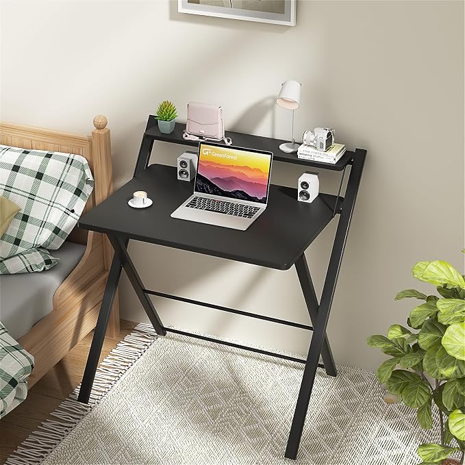 GreenForest Folding Desk No Assembly, Sturdy Computer Desk for Small Spaces | Portable Foldable Table for Laptop, 2-Tier Compact with Shelf, Space Saving for Home Office, Dorm, Apartment 24.5"x 30" Black