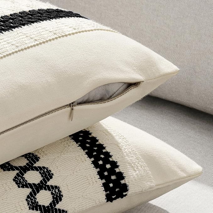 MIULEE Set of 2 Black Boho Decorative Pillow Covers 18x18 Inch | Farmhouse Couch Throw Pillows, Modern Cotton Cushion Covers, Macrame Woven Spring Home Decor for Bed Sofa Chair
