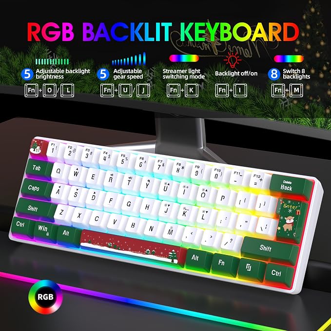 Snpurdiri 60% Wired Gaming Keyboard, RGB 61-Key (Red Green White) | Backlit Small Ultra-Compact 60 Percent Gaming Keyboard for PC/Mac Gamer, Typist, Travel, Easy to Carry on Business Trip