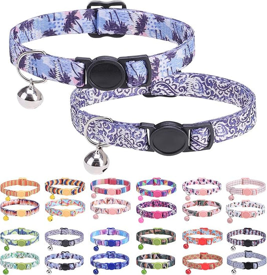 Breakaway Cat Collars for Girl Boy Cats, Spring Summer All Weather Cat Collar Personalized Pattern 2 Pack,Cute Classic Safety Buckles and Bells,Adjustable Printed Nylon Colorful Kitten Collar