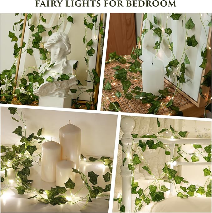 Indoor String Lights, 33ft Artificial Vine with 100 LED Fairy Lights, Battery Operated, Remote Control, 8 Lighting Modes, Green Leaf Decor