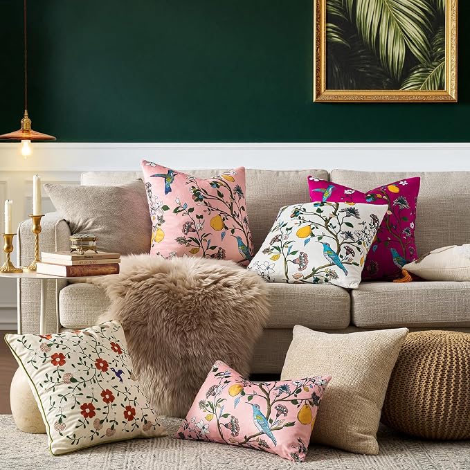 Light Pink Velvet Floral Decorative 12x20 Lumbar Pillow Covers Set of 2 | Durable and Sturdy,Botanical Printed Pattern,Throw Pillows Case,Rectangle,Colorful Farmhouse,Home Sofa Bed Couch Decor