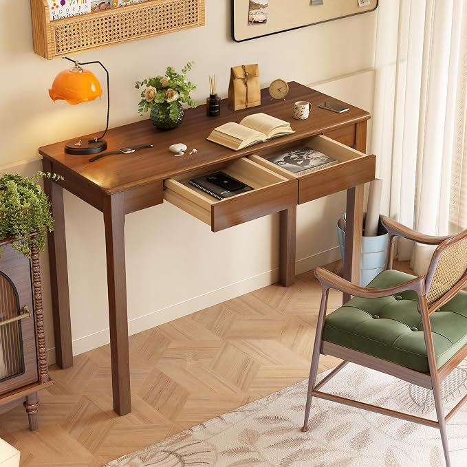 Wood Desk with Drawers - Solid Wood Mid Century Modern Desks for Bedroom, Small Computer Desk for PC, Laptop, Study, Makeup, 39.4 W x 29.5 H x 15.75 D in, Walnut Color