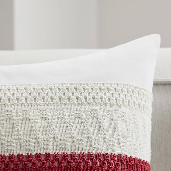 2pk Boho Pillow Covers 16x16, Natural White/Contrast/Red | 100% Organic Cotton Body, Stripe Embroidery, Farmhouse Decorative Cushion Covers for Sofa Bed Living Room Home Decor