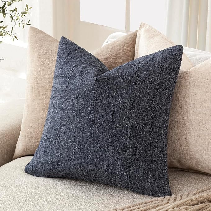 Foindtower Set of 2 Decorative Linen Check Throw Pillow Covers Neutral Farmhouse Vintage Cushion Covers Modern Boho Home Decor for Sofa Chair Couch Bedroom Living Room,22×22 Inch,Navy Blue