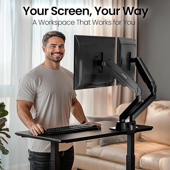 EVEO Premium Dual Monitor Mount 14"-32” Dual Monitor Arm VESA Bracket Adjustable Height Gas Spring Dual Monitor Stand, Screen Full Motion Dual Monitor Arm-Computer Monitor Stand for 2 Screens - Black