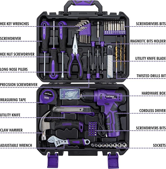 CARTMAN 150 Piece Tool Set, Tool Set with 8V Purple Cordless Drill Set, Home Tool Kit