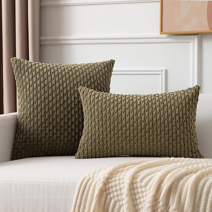 Kevin Textile Soft Corduroy 12"x24" Lumbar Pillow Cover 1 Pack, Olive Green | Boho Stripe Plush Corduroy Decorative Oblong Cushion Cover Modern Farmhouse Home Decor for Sofa Couch Bed Chair