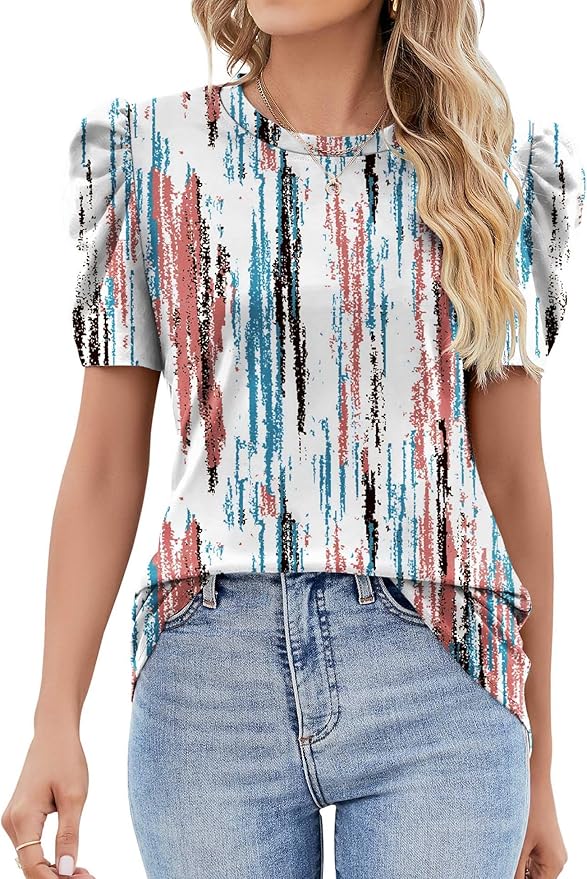 Ivicoer Puff Short Sleeve Shirt for Women Eyelet Tops Summer Crewneck Blouse Loose Fit S-XXL