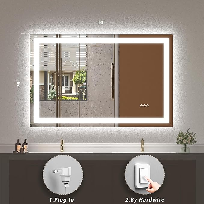 40x26 LED Lighted Mirror for Bathroom Wall Mounted, Dimmable Vanity Mirror with Lights, Anti-Fog, ETL Listed (Backlit and Front Lighted)