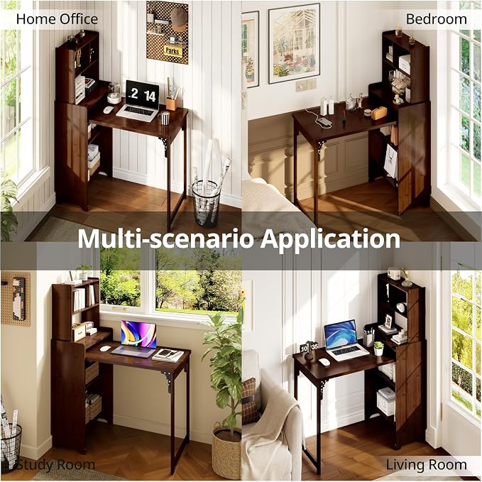Bamboo Folding Desk with Bookshelf, Foldable Desk for Small Spaces, Brown | Space-Saving Computer Desk with Storage, Compact Size, Writing Study Table for Home Office, Bedroom, Dorm, Apartment