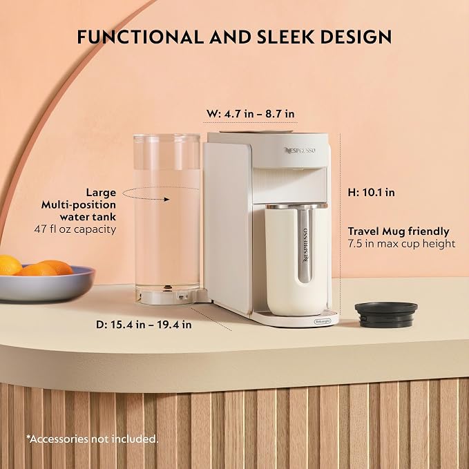Nespresso Vertuo Up Coffee & Espresso Maker by De'Longhi, White | Pearl white coffee machine with 3 second start, 47 oz. multi-position water tank, iced coffee mode and app customization.