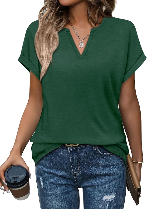 Womens Tops Dressy Casual V Neck Rolled Sleeve T Shirts Fashion Clothing Business Casual Outfits Beach Vacation Clothes