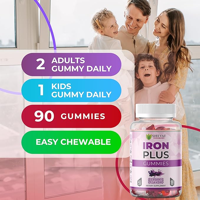 Made in USA 90 Iron Gummies For Women Anemia - Vegan, Gluten Free & Immune Support Iron Supplement Gummies (Grape) - Chewable Iron Gummies for Men - Kids iron Gummies for Kids with Vitamin C, A & Zinc