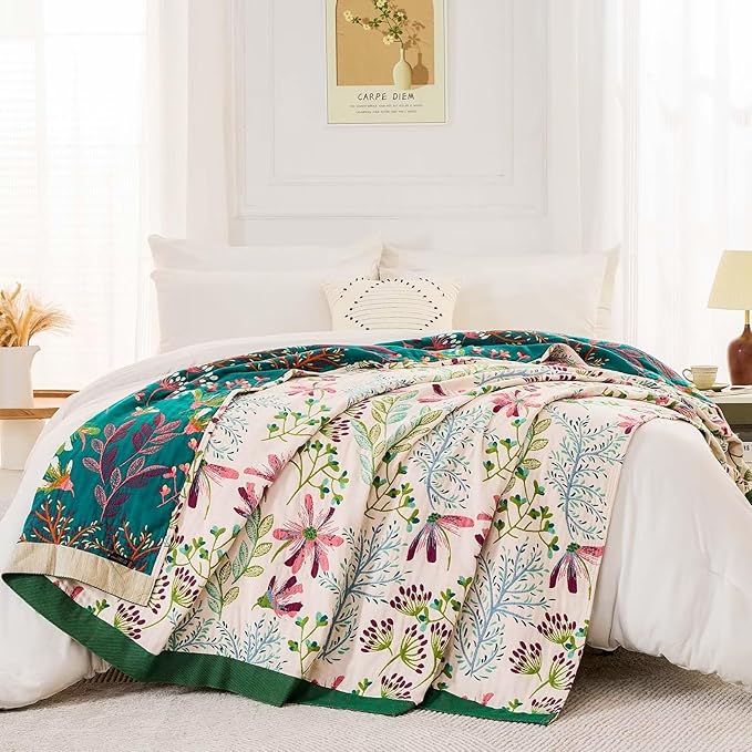 XIBLC Boho Throw Blanket for Bed, 100% Cotton Soft Rustic Quilt Fall Blanket, 90"x98" Floral Printed Farmhouse Decor Bed Blankets, All Season Rustic Reversible Bohemian Throw Quilt