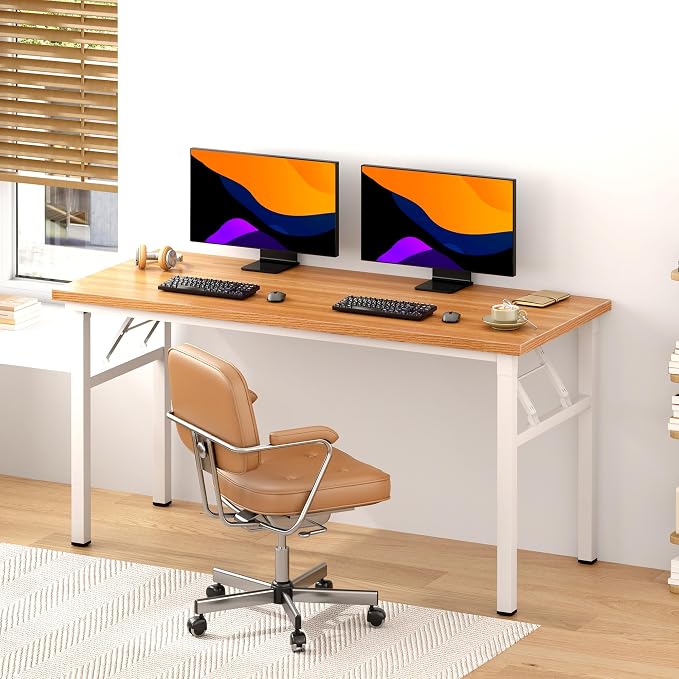 Need Office Computer Desk 54.3 Inch Sturdy Folding Laptop Table Teak | White Frame Writing Gaming Work Table/Foldable Home Office Desk/Sewing Table, No Assembly Required