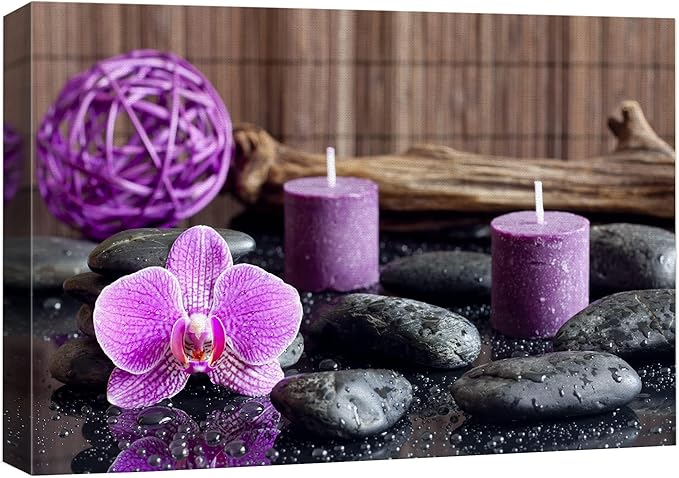 wall26 Canvas Print Wall Art Zen Stones with Purple Orchid and Calming Candles Nature Floral Photography Realism Rustic Colorful Multicolor Ultra for Living Room, Bedroom, Office - 24"x36"