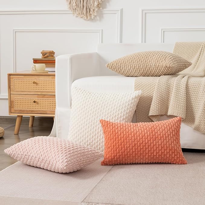 Kevin Textile Soft Corduroy 14"x24" Lumbar Pillow Cover 1 Pack, Light Pink | Boho Stripe Plush Corduroy Decorative Oblong Cushion Cover Modern Farmhouse Home Decor for Sofa Couch Bed Chair