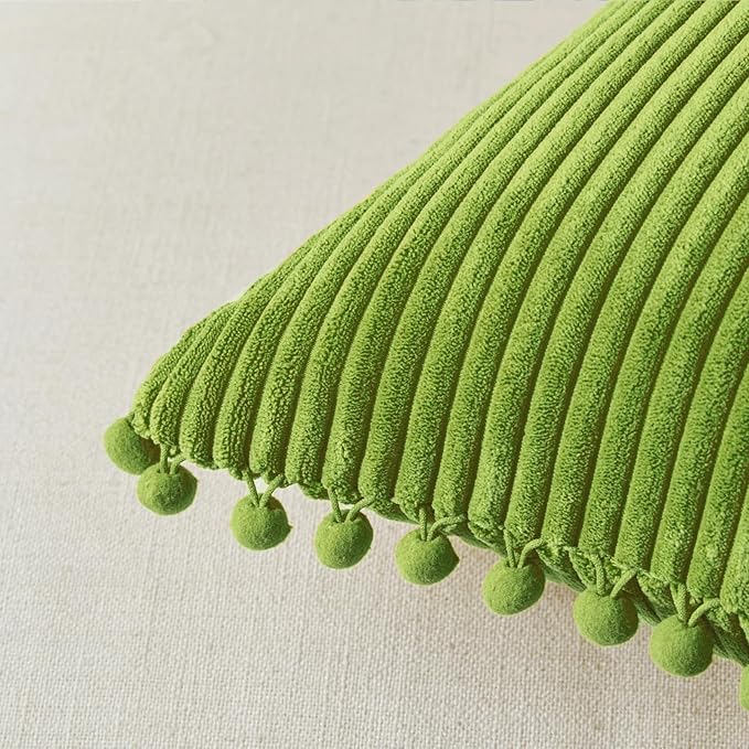 Fancy Homi 2 Packs Lime Green Decorative Throw Pillow Covers 16x16 Inch with Pom poms, Boho Farmhouse Home Decor, Soft Corduroy Accent Square Cushion Case for Living Room Couch Bed Sofa 40x40 cm