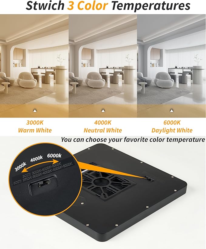 Square Led Flush Mount Ceiling Light,16 Inch 40w 3820lm led Light 3000k,4000k,6000k CCT Selectable,Flat Panel Super Slim Led Ceiling Light Fixture,for Living Dining Kitchen Bedroom Room (1Pack-Black)