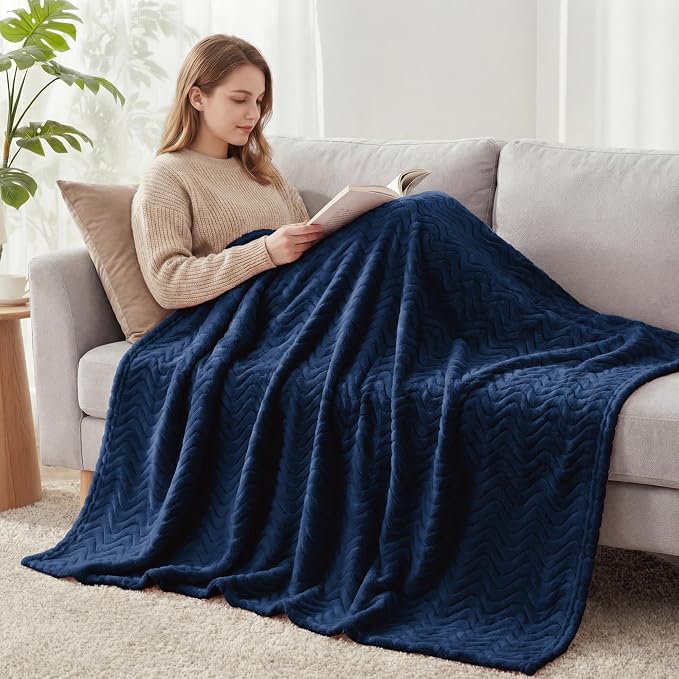 Exclusivo Mezcla Soft Fleece Blanket Twin Size for Bed, Sofa, Navy Blue | 90"x66" Breathable Lightweight Flannel Blanket for Summer, Plush Cozy Jacquard Wave for Home Decor