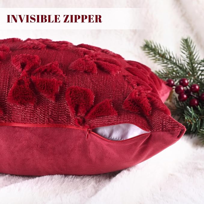Mixweer Burgundy Bow Pillow Covers Set of 2 Preppy Room Decor Coquette Cute Spring Summer Decorative Faux Fur Soft Bowknot Stuff Fluffy Plush Aesthetic Pillowcase for Bed Sofa Couch (18 x 18 Inch)