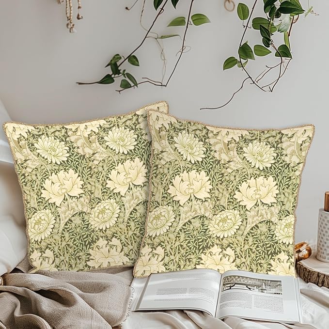 KSLIDS Vintage Green Flowers Soft Velvet Throw Pillow Covers Set of 2 Floral Plant Leaves Decorative Pillow Covers 16x16 Inch Chinoiserie Retro Pillow Case for Sofa Couch Bedroom Farmhouse Home Decor