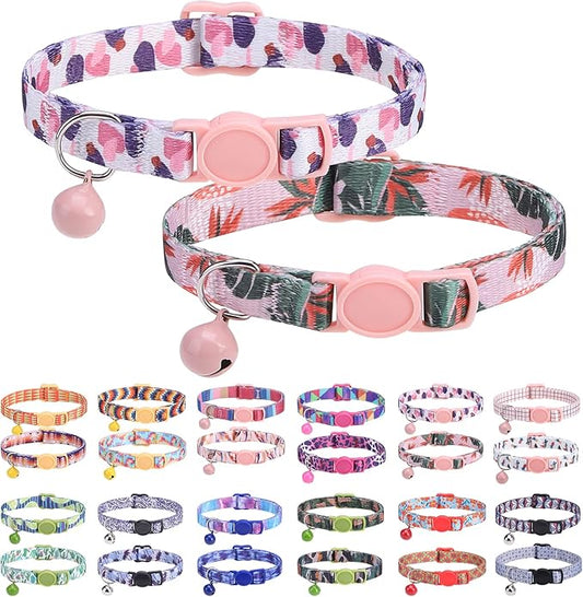 Breakaway Cat Collars for Girl Boy Cats, Spring Summer All Weather Cat Collar Personalized Pattern 2 Pack,Cute Classic Safety Buckles and Bells,Adjustable Printed Nylon Colorful Kitten Collar