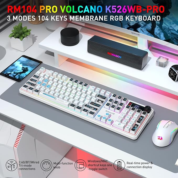 Redragon K526 PRO Wireless RGB Membrane Gaming Keyboard, LED Screen & Knob | See Battery, Mode & Time at a Glance, 0-Delay Tri-Mode, One-Touch Backlit & Media Adjust, 26-Key Anti-Ghost for Combo-Strike