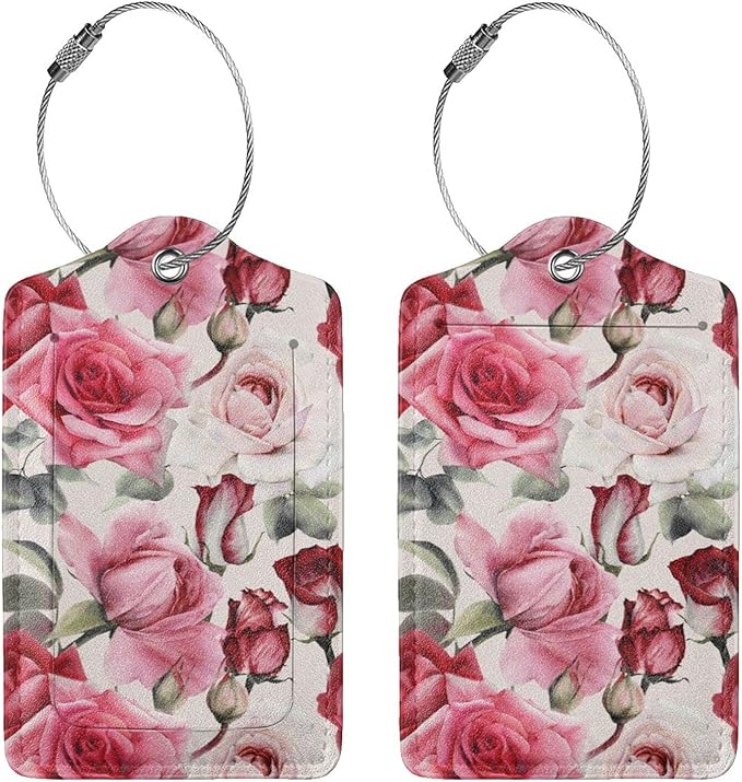 2PC Red Rose Flower Luggage Tag with Privacy Cover Id Card Stainless Steel Loop, Pink Floral Travel Baggage Identifiers Tags Luggage for Women Men Suitcase Name Labl
