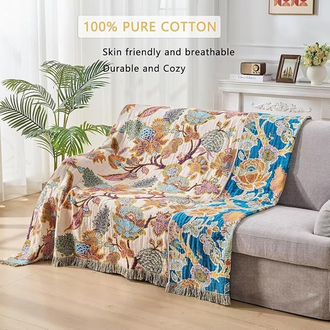 Boho Throw Blanket Farmhouse Decor Throw Blanket Bohemian Blanket for Bed 100% Cotton Muslin Woven Couch Blanket All Seasons Quilt Bedroom (E-Beige, 90"x98")