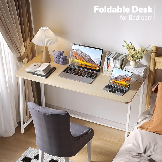 WOHOMO Folding Desk, 47.2" Foldable Computer Table for Small Spaces, Oak | Easy Assembly and Fold, Sturdy Home office desks for Study Bedroom Dorm Space Saving Writing Work Apartment
