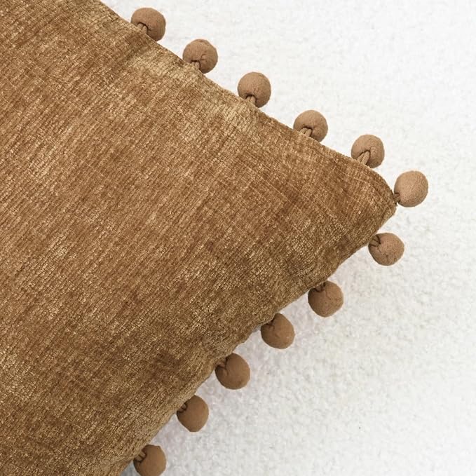 CaliTime Decorative Couch Throw Pillow Covers 20 X 12 Inches Apricot Brown | Pack of 2, Cozy Chenille Cushion Cases, with Pom Poms for Sofa Bed Living Room Farmhouse Home