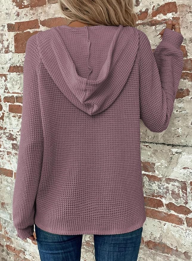 Dokotoo Hoodies for Women Waffle Knit Long Sleeve Drawstring Button V Neck Casual Sweatshirt Hooded Tops Fashion Clothing