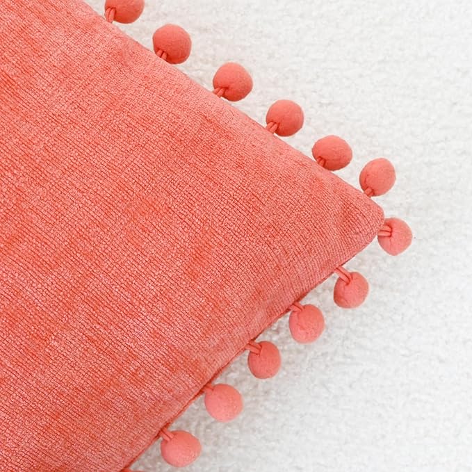 CaliTime Decorative Couch Throw Pillow Covers 20 X 20 Inches Living Coral | Pack of 2, Cozy Chenille Cushion Cases, with Pom Poms for Sofa Bed Living Room Farmhouse Home