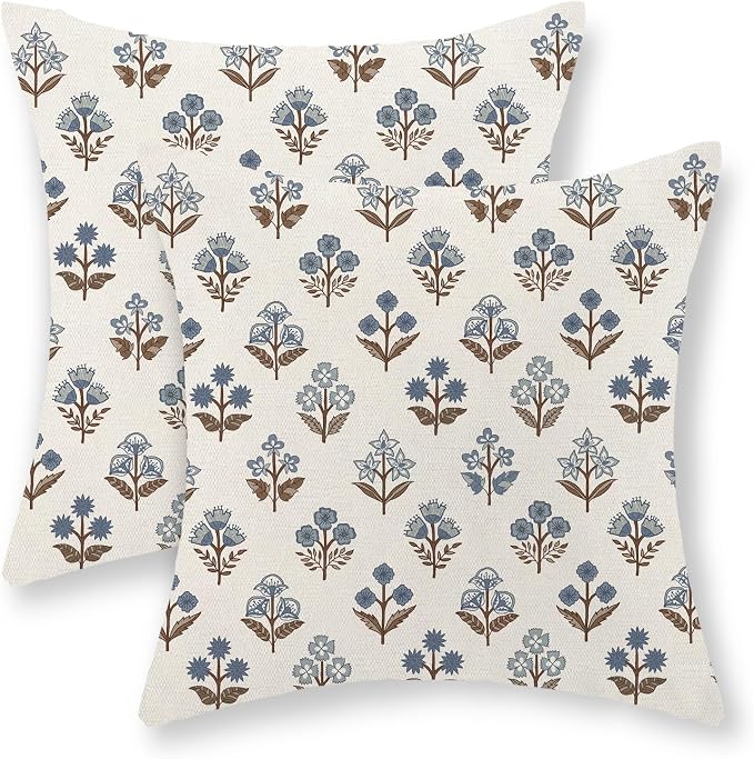 Brown Blue Pillow Covers 22x22 Inch Set of 2 Boho Block Print Floral Throw Pillows Vintage Flower Decorative Pillow Cases Outdoor Linen Farmhouse Cushion Cover for Couch Sofa Bed Decor