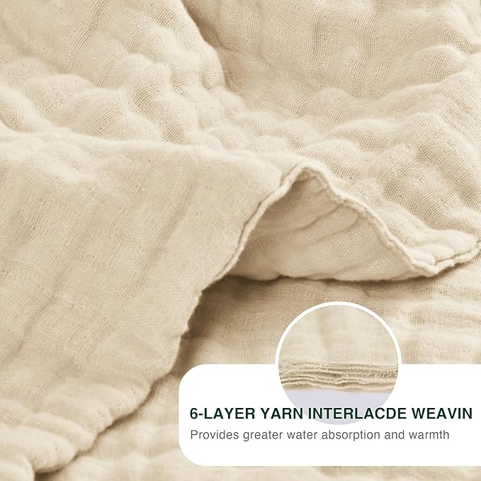 Love's cabin 100% Cotton Muslin Blanket, 6 Layer Lightweight Breathable Gauze Queen Size Blanket 90 x 90 Inches, Soft All Season Blanket for Bed, Beige