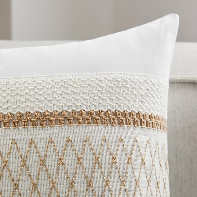 2pk Boho Pillow Covers 18x18, Natural White/Grid/Brown | 100% Organic Cotton Body, Stripe Embroidery, Farmhouse Decorative Cushion Covers for Sofa Bed Living Room Home Decor