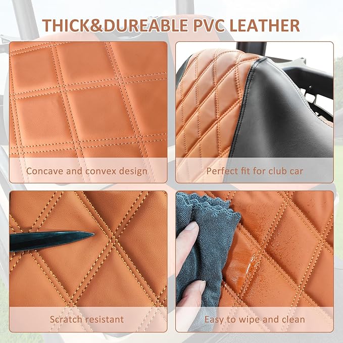 Golf Cart Seat Cover for Club Car Precedent Ordinary Front Seat Cushion, Thick Vinyl Leather Custom Diamond Comfortable, Adjustable Straps and Retractable Buckle/No Nails Required (Black&Brown)