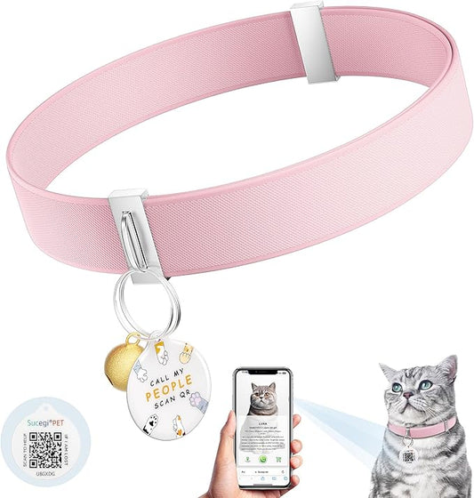 Cat Collar with Bell, Stretch Elastic Quick Release, Modifiable Pet Online Profile Page, Multiple Emergency Contact, Non Breakaway Lightweight Kitten Collar for Girl Cats, Pet Supplies, Gifts, Pink