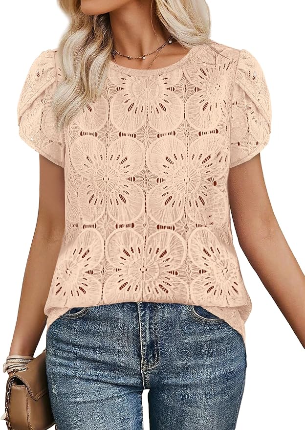 OFEEFAN Blouses for Women Dressy Casual Petal Short Sleeve Shirts Crochet Lace Boho Tops Spring Fashion Summer Outfits