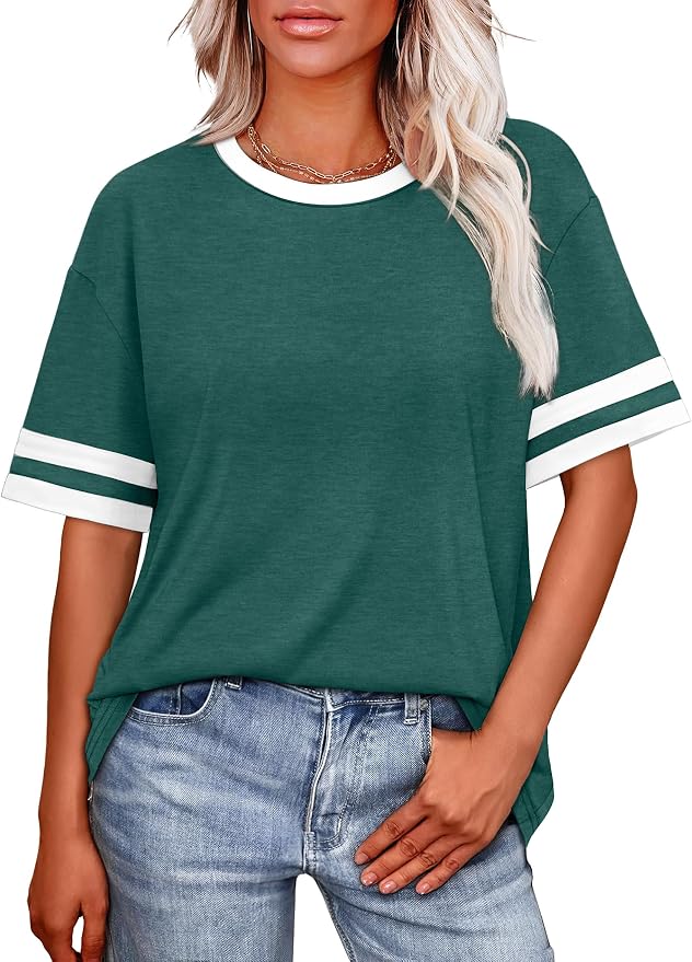 WIHOLL Womens T Shirts Loose Fit Short Sleeve Tees Crew Neck Color Block Summer Tops 2026 Fashion