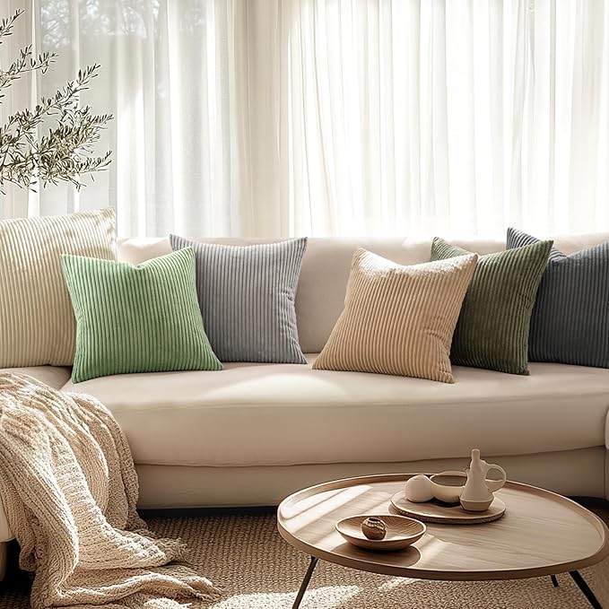 MIULEE Decorative Corduroy Throw Pillow Covers Set of 2 20x20 Sage Green | Soft Striped Textured Cushion Cases, Boho Natural Greenery Pillowcases for Home Decor, for Couch Chair Sofa Bed Living Room