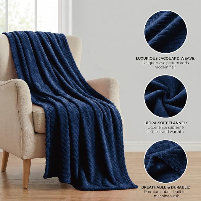 Exclusivo Mezcla Soft Fleece Blanket Twin Size for Bed, Sofa, Navy Blue | 90"x66" Breathable Lightweight Flannel Blanket for Summer, Plush Cozy Jacquard Wave for Home Decor