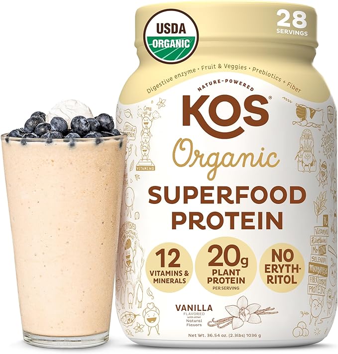 KOS Vegan Protein Powder Erythritol Free, Vanilla USDA Organic - Pea Protein Blend, Plant Based Superfood Rich in Vitamins & Minerals - Keto, Dairy Free - Meal Replacement for Women & Men, 28 Servings