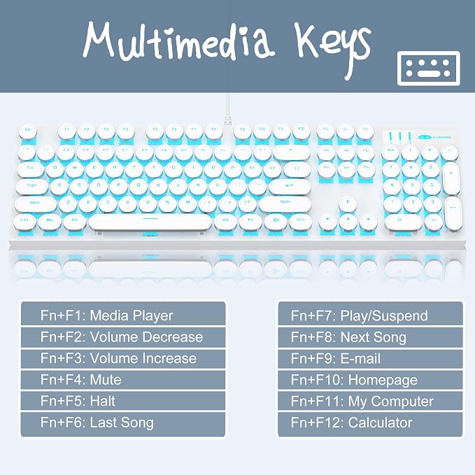 Camiysn Typewriter Style Mechanical Gaming Keyboard, White Retro Punk Gaming Keyboard with Blue Backlit, 104 Keys Blue Switch Wired Cute Keyboards, Round Keycaps for Windows/Mac/PC