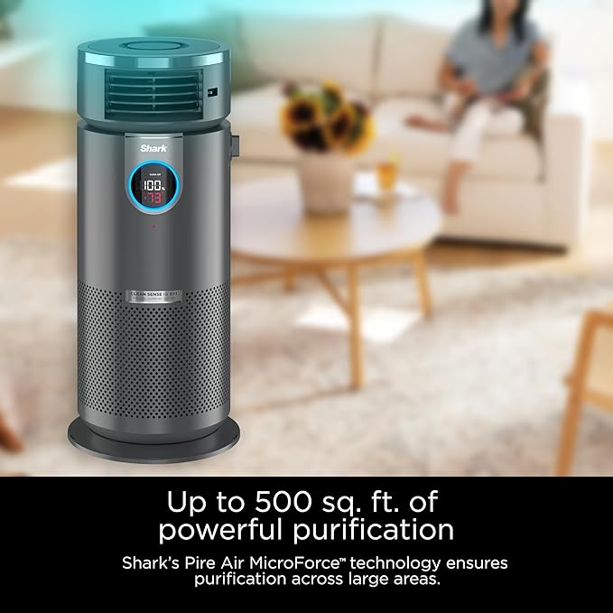 Shark 3 in 1 Air Purifiers for Home, Bedroom, or Office with HEPA Filter, Small Space Heater and Fan Combo, Filters Smoke, Covers up to 500 Sq Ft, Clean Sense Technology, Heat, Cool and Purify, HC452