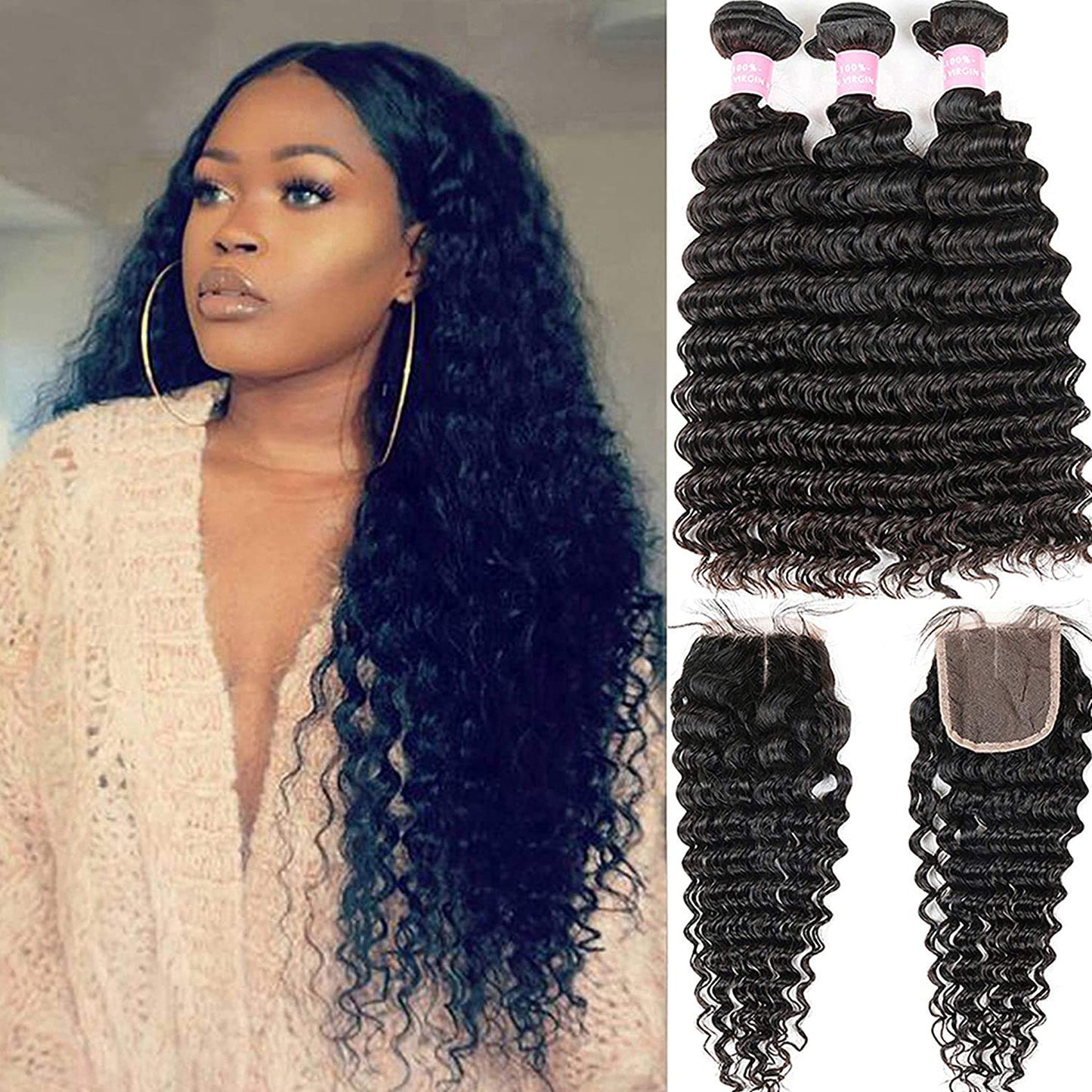 Brazilian Deep Wave Bundles With Closure Virgin Human Hair Bundles With Closure 4  4 Lace Mixed Length Hair Bundles Natural Colo